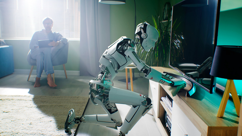 Chore robot cleaning tv stand