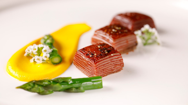 3D printed steak with asparagus and garnish