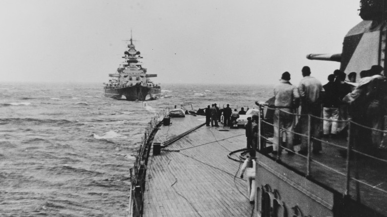 Battleship Bismarck from deck of Prinz Eugen