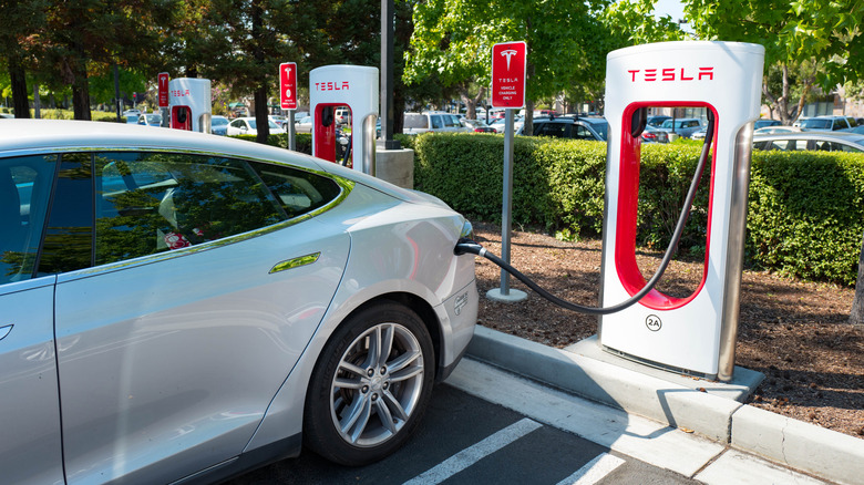 Charging a Tesla car.