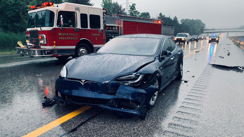 A Tesla Model 3 after an accident