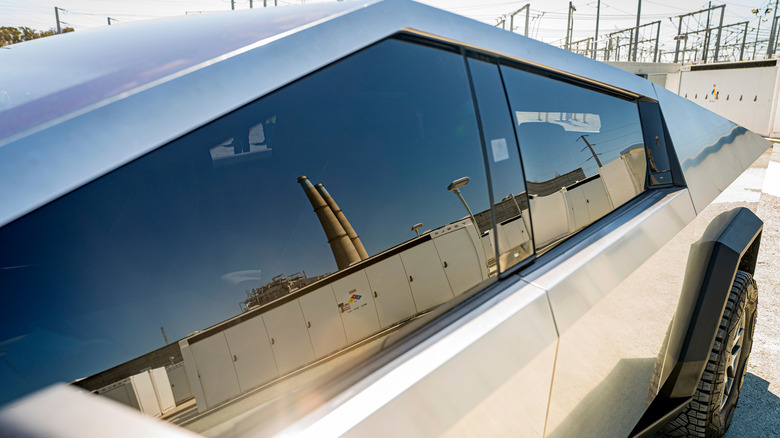 Closeup view Tesla Cybertruck window