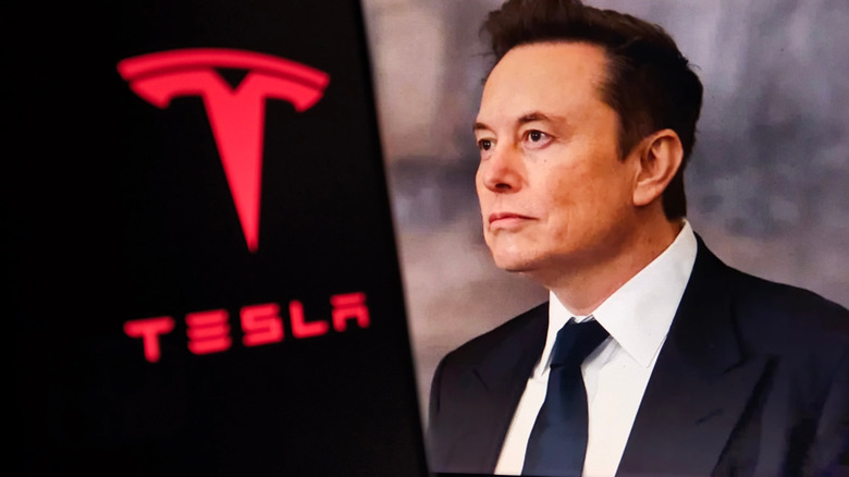 Elon Musk against Tesla background.