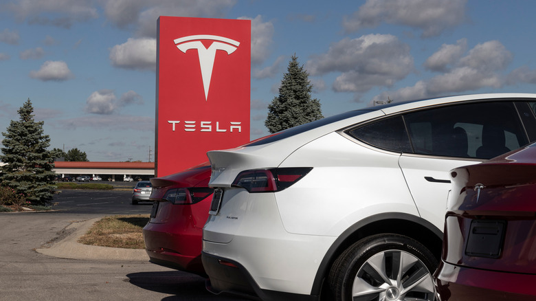 Tesla vehicles parked next to a Tesla board