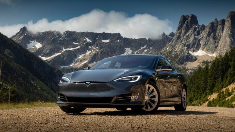 tesla model 3 with mountains