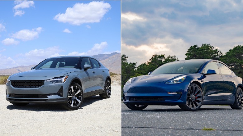 split image of Polestar 2 and Tesla Model 3 