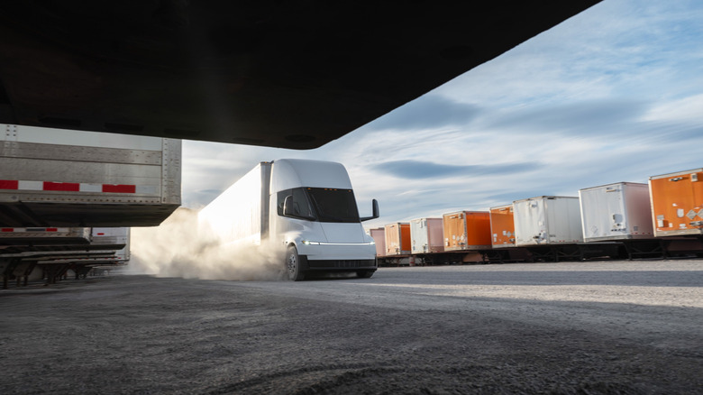 Tesla Semi truck racing through semi truck lot