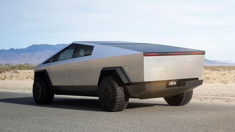 Rear profile of Tesla Cybertruck.