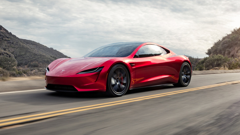 Tesla Roadster on a mountain highway