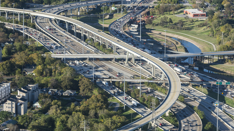 Congested multiple-lane highway intersection in Houston at rush hour