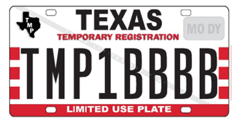 Texas temporary license plate with red markings