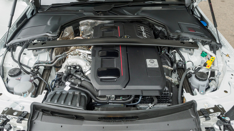 2024 Mercedes AMG C63 engine bay with M139 engine