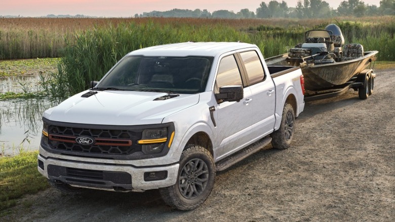 White Ford F-150, with a boat trailer attached, parked on a dirt road