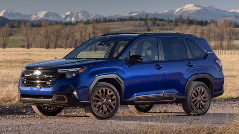 Blue Subaru Forester parked on a rural dirt road