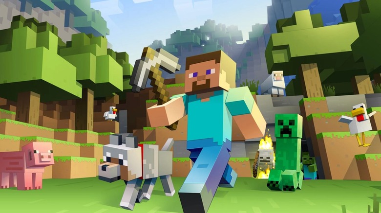 Minecraft character running with animals