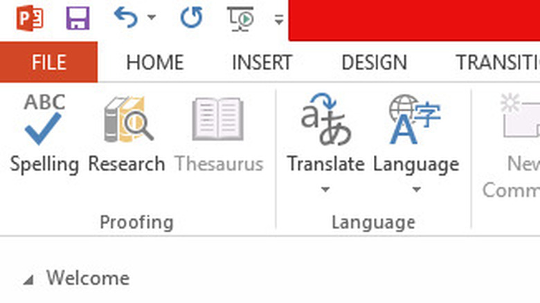 PowerPoint software showing "Thesaurus" panel
