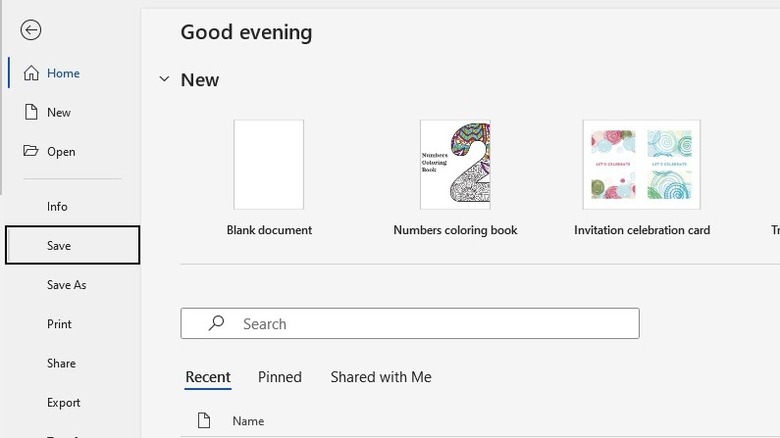 Save document screen