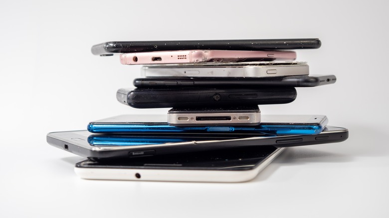 Stack of old smartphones