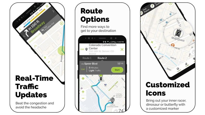 screenshots of MapQuest navigation app