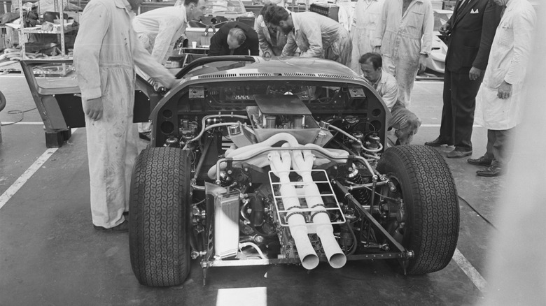 Engineers work on a GT40 in Slough, England