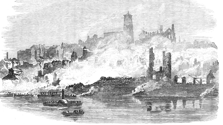 Etching of a harbor fire during the Age of Steam