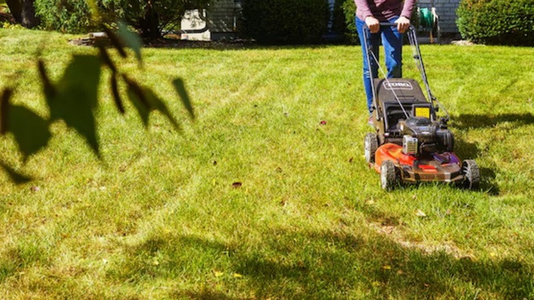 Landscaper mowing a lawn with Toro Recycler mower