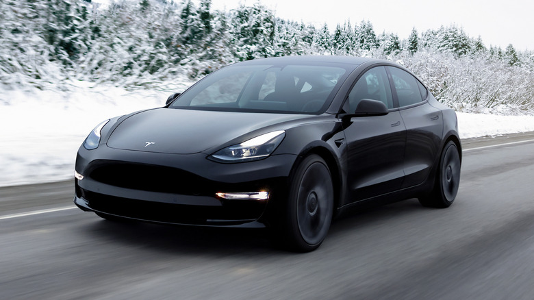Tesla Model 3 on snowy road