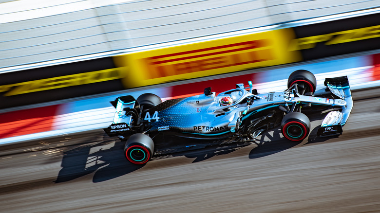 The Mercedes W11 driving at speed