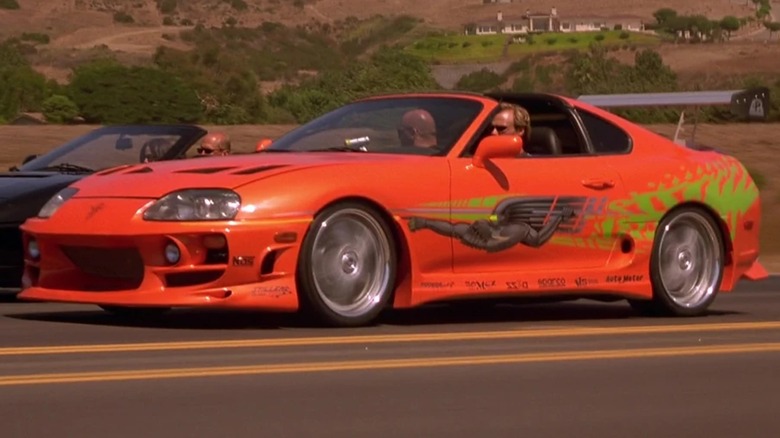 Dom and Brian driving a 1994 Toyota Supra MK IV during a race in "The Fast and the Furious"
