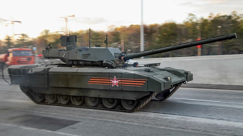 A Russian Federation t-14 Armata Main Battle Tank driving on the road