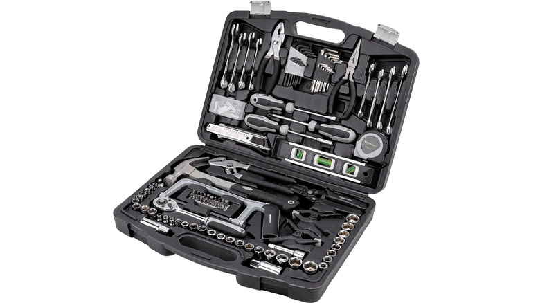 open black Amazon Basics plastic tool kit with black and grey tools inside