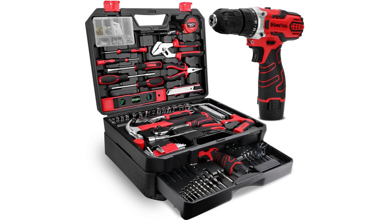 open KingTool black and red tool case with tool and a drill nearby