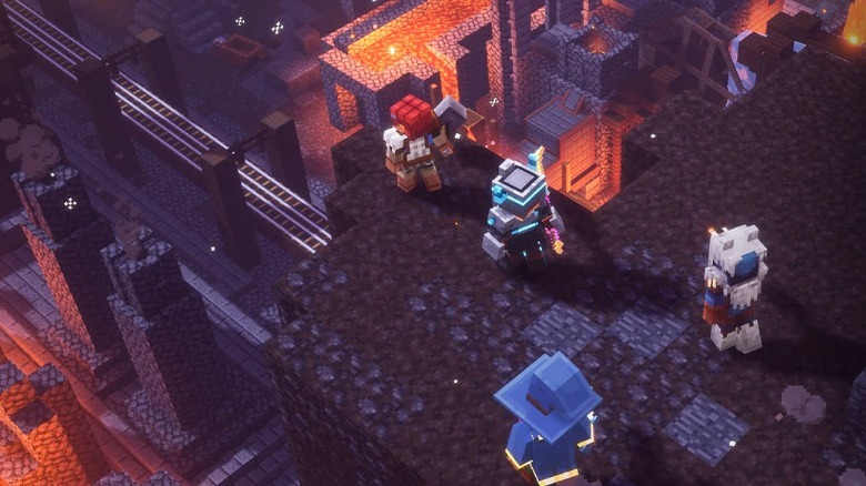Four adventurers exploring an industrial dungeon with minecarts and lava.