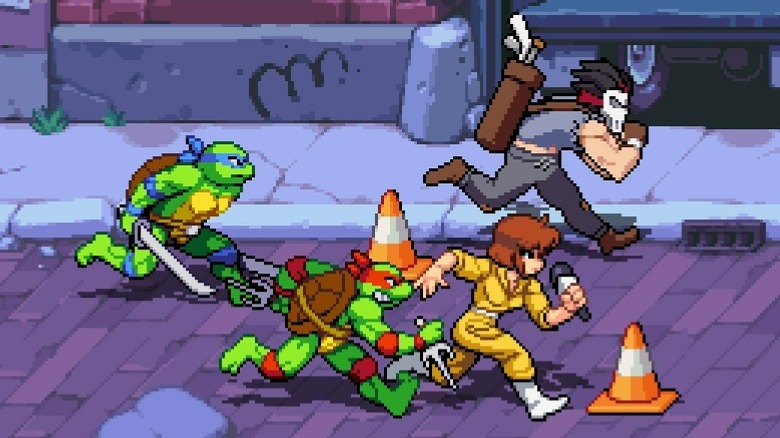 The Ninja Turtles and their friends running down a New York City street.