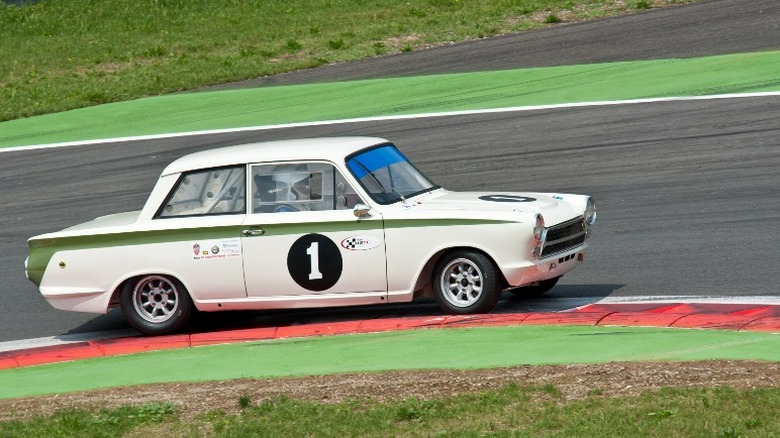Race version of the Lotus Cortina on the track