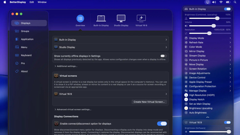 The BetterDisplay menu bar drop-down and Settings window on macOS