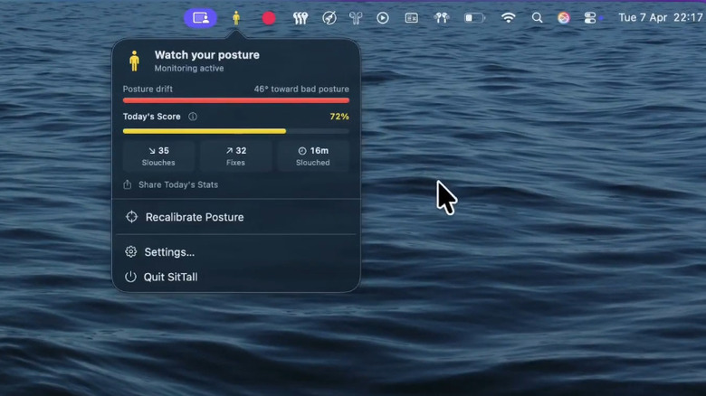 The menu bar icon and statistics from the SitTall app