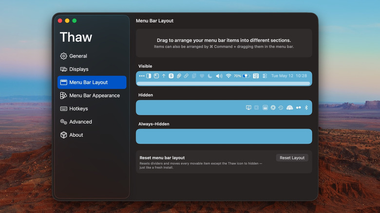 Thaw app on Mac OS displaying menu bar layout