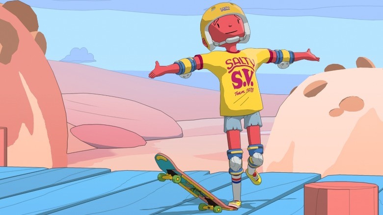 A skater celebrating in OlliOlli World