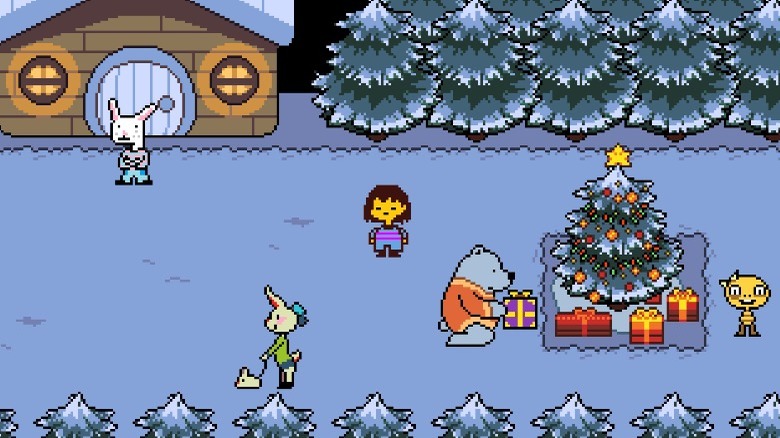 A snowy town in Undertale