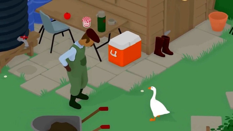 A goose tormenting a gardener