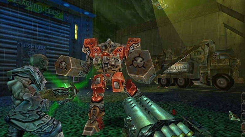 Shooting robotic enemies in Daikatana