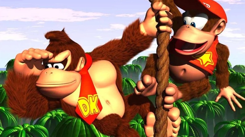 Donkey and Diddy Kong ganging from a rope