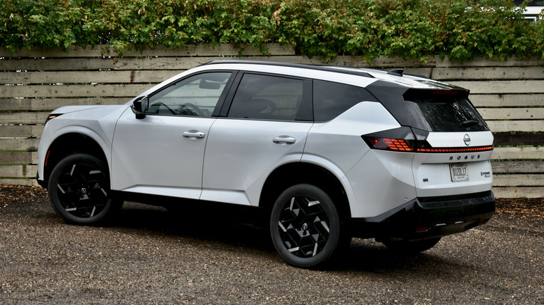 2027 Nissan Rogue Hybrid rear quarter view.