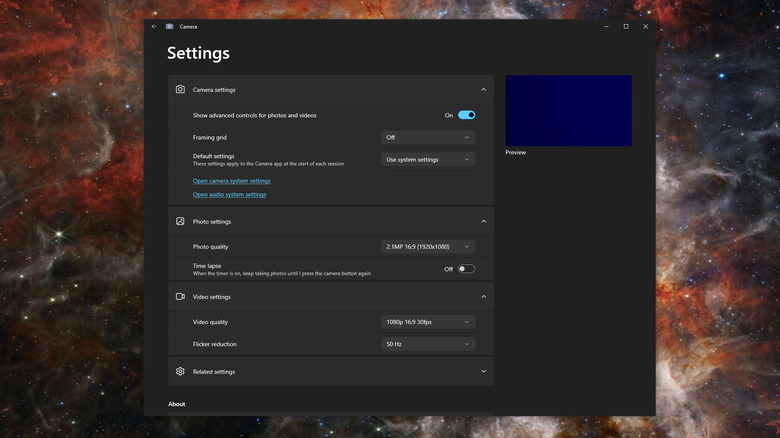 Windows' camera settings 