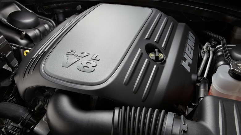 5.7-liter HEMI V8 inside a Dodge Charger engine bay