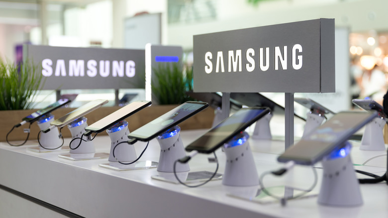 Samsung phones displayed in a brand booth