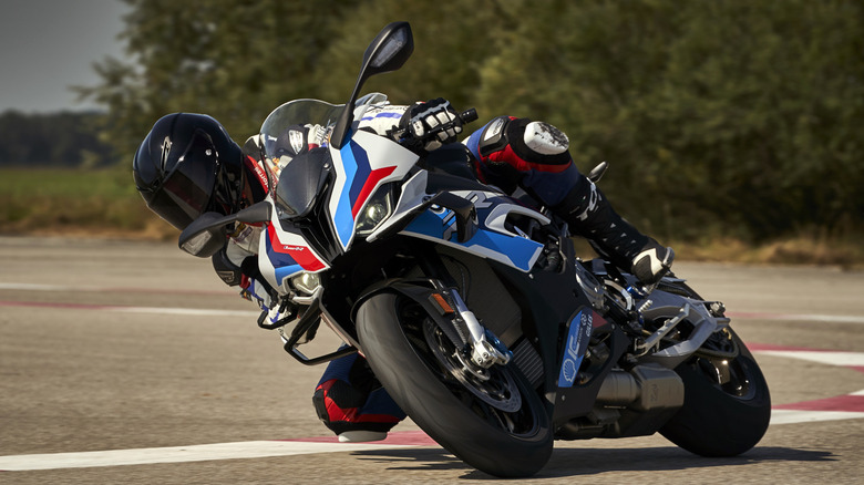 close up view of a 2020 BMW M 1000 RR riding in a track