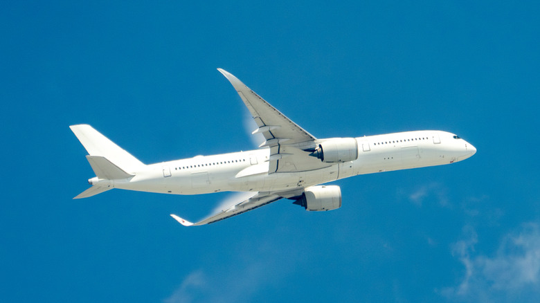 Commercial airline flying on blue sky