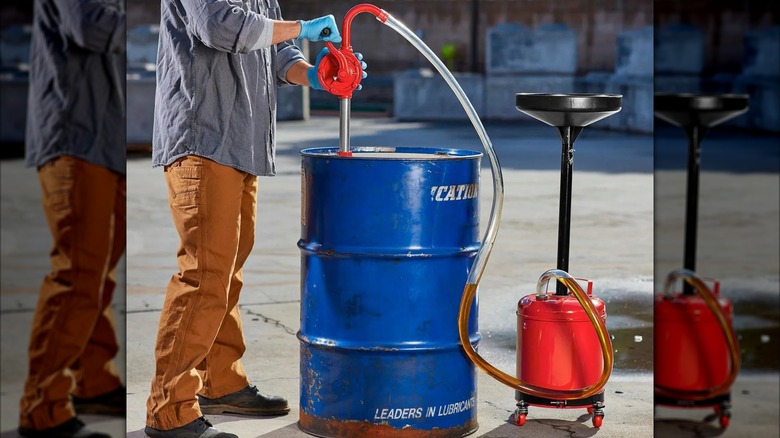 Pittsburgh Dual-Direction Diesel Barrel Pump in use